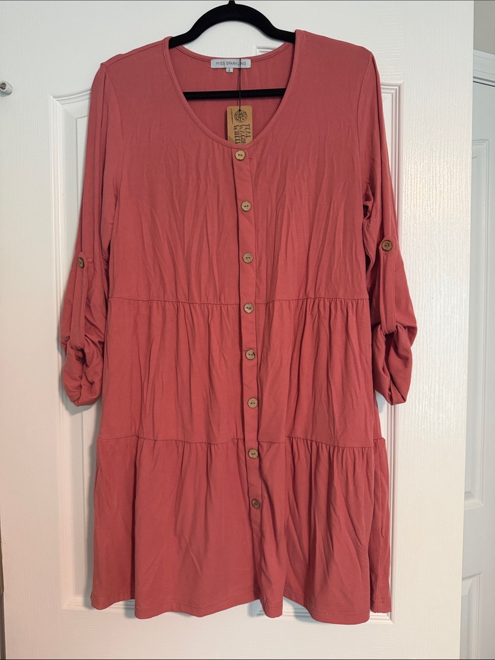 Miss Sparkle Rose Clay Button-Front Tiered Long-Sleeve Dress